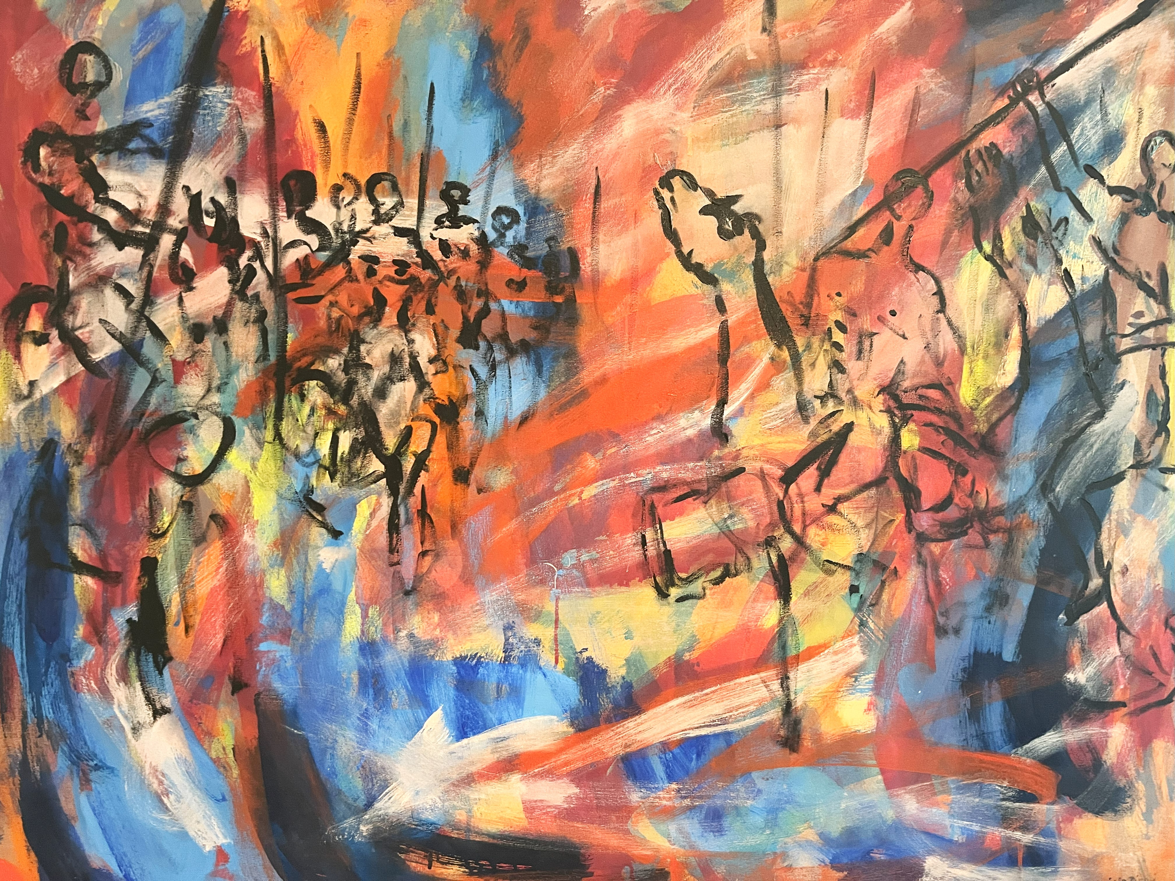 Pintura de figuras humanas entre trazos rojos, azules, ocres y negros.